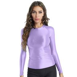 JanJean Damen Langarm/Kurzarm Shirt Glänzend Sportshirt Slim Fit Crop Top Schnell Trocken Elastisch Oberteile Yoga Gym T-Shirt Lavendel XL von JanJean