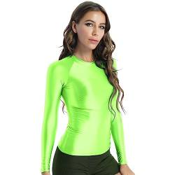 JanJean Damen Langarm/Kurzarm Shirt Glänzend Sportshirt Slim Fit Crop Top Schnell Trocken Elastisch Oberteile Yoga Gym T-Shirt Neongrün XL von JanJean