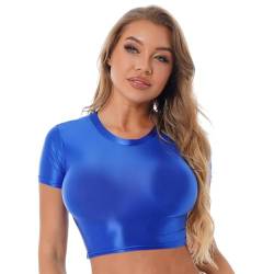 JanJean Damen Langarm/Kurzarm Shirt Glänzend Sportshirt Slim Fit Crop Top Schnell Trocken Elastisch Oberteile Yoga Gym T-Shirt X Blau L von JanJean