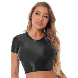 JanJean Damen Langarm/Kurzarm Shirt Glänzend Sportshirt Slim Fit Crop Top Schnell Trocken Elastisch Oberteile Yoga Gym T-Shirt X Schwarz L von JanJean