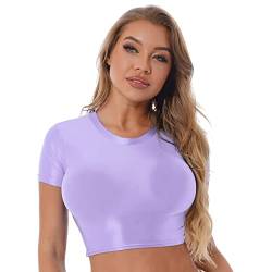 JanJean Damen Langarm/Kurzarm Shirt Glänzend Sportshirt Slim Fit Crop Top Schnell Trocken Elastisch Oberteile Yoga Gym T-Shirt X Violett XL von JanJean