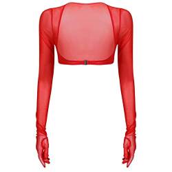 JanJean Damen Mesh Crop Top Langarm mit Handschuhen Cardigan Bolero Open Front Festlich Blazer Bolerojacke Schulterjacke Kurz Clubwear Rot XL von JanJean