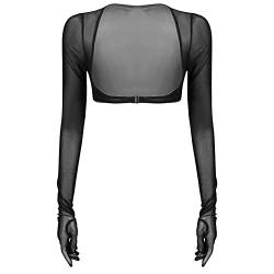 JanJean Damen Mesh Crop Top Langarm mit Handschuhen Cardigan Bolero Open Front Festlich Blazer Bolerojacke Schulterjacke Kurz Clubwear Schwarz M von JanJean