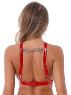 JanJean Damen Schulterträger Bra Spitze BH Brustfrei Bralette Reizwäsche Lackleder Bikini Oberteil Dessous Clubwear Rot B M von JanJean