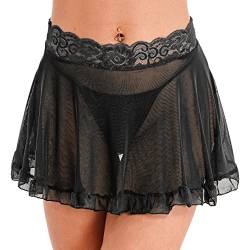 JanJean Damen Sexy Unterrock Transparent Spitze Mesh Minirock mit String Set Dessous Rock Faltenrock Erotisch Nachtwäsche Dessous Reizwäsche Schwarz M von JanJean