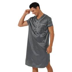 JanJean Herren Satin Nachthemd V-Ausschnitt Sleepshirt Kurzarm Button Down Pyjama Hemd mit Tasche Langarm Nachtwäsche C Grau XXL von JanJean
