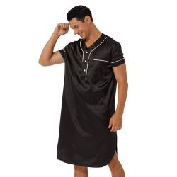 JanJean Herren Satin Nachthemd V-Ausschnitt Sleepshirt Kurzarm Button Down Pyjama Hemd mit Tasche Langarm Nachtwäsche C Schwarz XXL von JanJean
