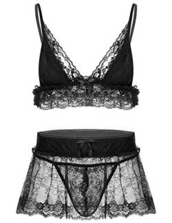 JanJean Herren Sissy Dessous Unterwäsche Set Spitze BH Bra + Transparent Mesh Minirock + G-String Tanga Slip Reizvolle Babydoll Nachtwäsche Schwarz L von JanJean