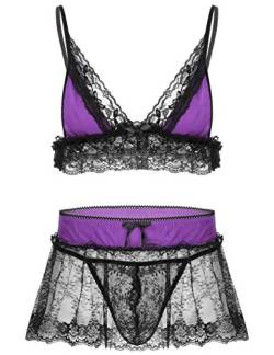 JanJean Herren Sissy Dessous Unterwäsche Set Spitze BH Bra + Transparent Mesh Minirock + G-String Tanga Slip Reizvolle Babydoll Nachtwäsche Violett XL von JanJean