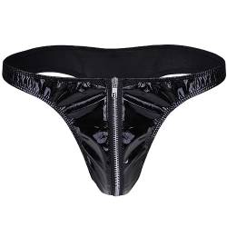 JanJean Herren Wetlook Slip Tanga Lack Leder String Tanga Sexy Männer Unterhose Thong mit Reißverschluss Unterwäsche Schwarz Schwarz M von JanJean