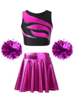 JanJean Kinder Mädchen Cheer Leader Kostüm Strassstein Crop Top Metallic Minirock mit Pompoms Cheerleadering Outfit Tanzkostüm Halloween Fasching Kostüm H Lichtrosa 158-164 von JanJean