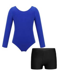 JanJean Kinder Mädchen Turnanzug Langarm Ballettbody mit Sport Shorts Ballettanzug Turnbody Sport Trikotanzug Gymnastik Trikot Leotards Tanzanzug Dunkelblau 128-134 von JanJean