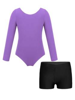 JanJean Kinder Mädchen Turnanzug Langarm Ballettbody mit Sport Shorts Ballettanzug Turnbody Sport Trikotanzug Gymnastik Trikot Leotards Tanzanzug Lavendel 116-122 von JanJean