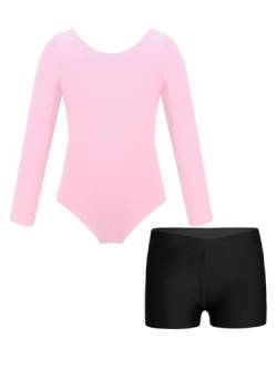 JanJean Kinder Mädchen Turnanzug Langarm Ballettbody mit Sport Shorts Ballettanzug Turnbody Sport Trikotanzug Gymnastik Trikot Leotards Tanzanzug Rosa 116-122 von JanJean