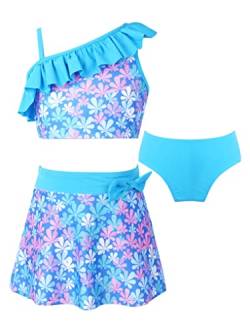 JanJean Mädchen Badeanzug Hawaii Blumen Drucken Bademode Kleid Bikini Tankini Strandkleidung Gr. 98 104 116 128 140 152 164 Himmelblau 122-128 von JanJean