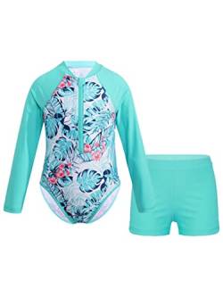 JanJean Mädchen Badeanzug UV-Schutz Langärmlige 2-Teiliges Set Schwimmanzug Badehose Badebekleidung für Kinder Hell Grün 110-116 von JanJean