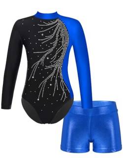 JanJean Mädchen Turnanzug Langarm Gymnastikanzug Glänzend Tanzbody mit Metallic Shorts Ballett Trikot Gymnastik Tanz Kostüme Blau 146-152 von JanJean