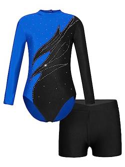 JanJean Mädchen Turnanzug Langarm Gymnastikanzug Glänzend Tanzbody mit Metallic Shorts Ballett Trikot Gymnastik Tanz Kostüme W Blau Schwarz 146-152 von JanJean