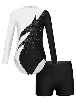 JanJean Mädchen Turnanzug Langarm Gymnastikanzug Glänzend Tanzbody mit Metallic Shorts Ballett Trikot Gymnastik Tanz Kostüme W Weiß schwarz 134-140 von JanJean