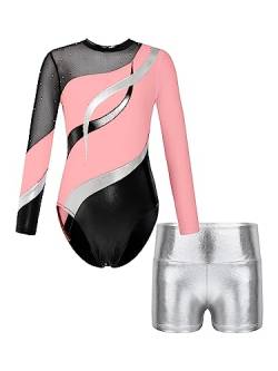 JanJean Mädchen Turnanzug Langarm Gymnastikanzug Glänzend Tanzbody mit Metallic Shorts Ballett Trikot Gymnastik Tanz Kostüme X Rosa und Silber 122-128 von JanJean