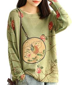 Janein Damen Pullover Oversize Lang Strickpullover Herbst Winter Rundhals Sweater mit Blumenmuster Weihnachtspullover L S01DE CR22 von Janein