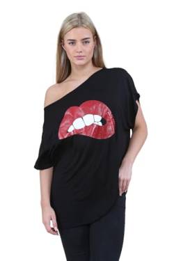 Janisramone Frauen Damen Neu Slogan Gedruckt Aus Schulter Batwing Ärmel Baggy Übergroß Lagenlook T-Shirt Top von Janisramone