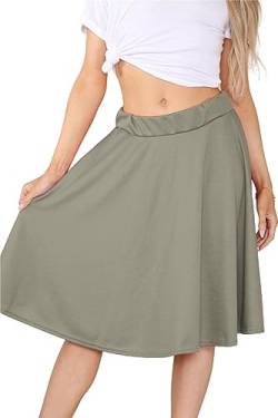 janisramone Damen Midi-Rock aus Jersey, knielang, elastische Taille, ausgestellt, Skater Gr. 38-40, khaki von Janisramone