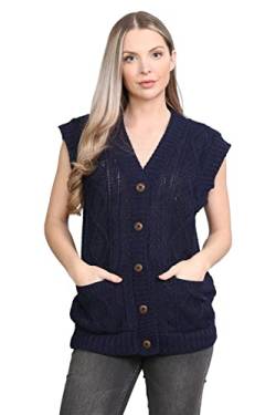 janisramone Damen Strickjacke mit Zopfmuster, ärmellos, Großvater, V-Ausschnitt, Knopfleiste, navy, 42/44/Große Größen von Janisramone