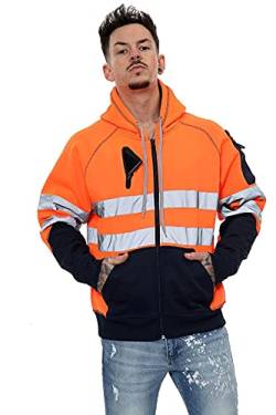 janisramone Herren Jungen New Hi Vis Reflektierende Sichtbarkeit Kapuzenpullover Kontrast Patch Fleece Sweatshirt Arbeit Hoodie Jacke, 3 Reißverschlusstaschen, neonorangemarineblau, mit von Janisramone