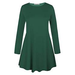 janisramone Langärmeliges Swing-Kleid für Damen, Rundhalsausschnitt, ausgestellt, Skaterkleid, A-Linie, lässiges Mini-Top, Übergröße, flaschengrün, 38-40 von Janisramone