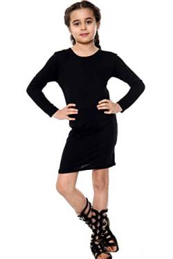 janisramone Mädchen Bodycon Kleid Langarm Einfarbig Rundhals Casual Knielang Dehnbar Tunika Mini Top, Schwarz , 11-12 Jahre von Janisramone