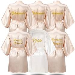 6 Stück Brautjungfern Bademäntel für Hochzeit Brautkleider Matron of Honor Trauzeugin Robe Hochzeit Bademäntel für Brautparty Geschenk, Weiß, Champagner, Einheitsgröße von Janmercy