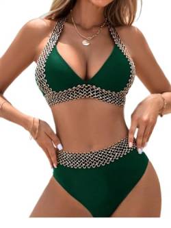 Damen-Bikini-Set mit hoher Taille, Farbblock, Bauchkontrolle, Badeanzüge, sexy V-Ausschnitt, Badeanzüge, Olivgrün, S von Jannity