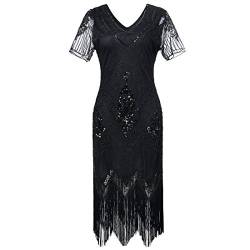 Gatsby elegantes Flapper-Kleid mit Ärmeln für Damen im Stil der 1920er-Jahre, Vintage, mit Pailletten, Fransen, Perlen, Art déco, Kostüm für Partys und Bälle Gr. XXL, Schwarz von JaosWish