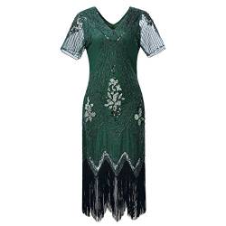 Gatsby elegantes Flapper-Kleid mit Ärmeln für Damen im Stil der 1920er-Jahre, Vintage, mit Pailletten, Fransen, Perlen, Art déco, Kostüm für Partys und Bälle Gr. XXL, dunkelgrün von JaosWish