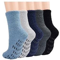 JaosWish Herren Hausschuhe Flauschige Socken, 5 Paar Bettgemütliche warme Thermosocken für Herren mit Greifern, Einfarbig, 38/44 EU von JaosWish