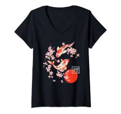 Damen Cherry Blossom Koi Karpfen Fisch Japanische Sakura Grafik Kunst T-Shirt mit V-Ausschnitt von Japanese Cherry Blossom Koi Fish Shirt & Gifts