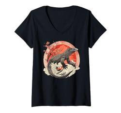 Damen Floral Wildlife Eidechse Japanische Kunst Komodo Drache T-Shirt mit V-Ausschnitt von Japanese Culture History Lover Japan