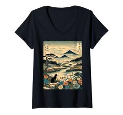 Damen Mt. Fuji Papyrus Schriftrolle Wald Retro Japanische Kunst Katze T-Shirt mit V-Ausschnitt von Japanese Culture History Lover Japan