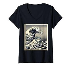 Damen Papyrus Scroll Art Wave Surfer Amphibie Japanischer Frosch T-Shirt mit V-Ausschnitt von Japanese Culture History Lover Japan