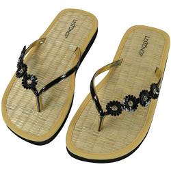 Japanwelt Les Tongs Zimtlatschen Chrysantheme Zehentrenner - Blumen Perlen Sandalen Zimtsohlen ? Damen Größe 37/38 EU Schwarz/Gold von Japanwelt