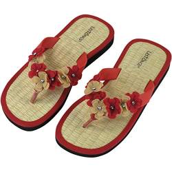 Japanwelt Les Tongs Zimtlatschen Sakura Zehentrenner - Blumen Perlen Sandalen Zimtsohlen ? Damen Größe 37/38 EU Rot/Beige von Japanwelt