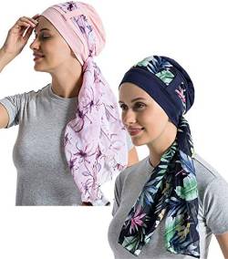 Bambus-Baumwollfutter Chemo-Kopfbedeckung für Frauen mit seidigen Schals für Krebs, Haarausfall, Schlafkappen, Beanie, Marineblau + Hellrosa, 2 Paar, Einheitsgröße von JarseHera