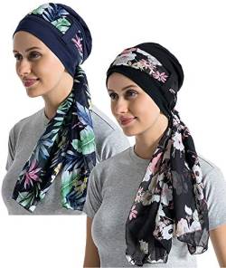 Bambus-Baumwollfutter Chemo-Kopfbedeckung für Frauen mit seidigen Schals für Krebs Haarausfall Schlafmützen Beanie, Schwarz + Marineblau, 2 Paar, Einheitsgröße von JarseHera