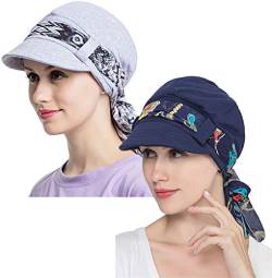 JarseHera Chemo Hüte für Frauen Bambus Baumwolle Gefüttert Newsboy Caps mit Schal Doppelschlaufe Kopfbedeckung für Krebs Haarausfall, Marineblau+grau, Einheitsgröße von JarseHera