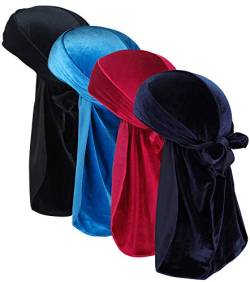 JarseHera Samt-Durags für Herren, Wellen, 2/4 Paar, extra lang, Du-Rag, mehrere Farben, Du-Rags, für Wellen (Durag Velevt-Schwarz + Marineblau + Rot + Königsblau, 4 Paar, Einheitsgröße) von JarseHera