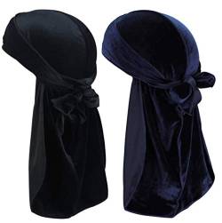 JarseHera Samt-Durags für Herren, Wellen, 2/4 Paar, extra langer Schwanz, Du-Rag, mehrere Farben, Du-Lappen für Wellen (Durag Velevt-Schwarz + Marineblau, 2 Paar, Einheitsgröße) von JarseHera