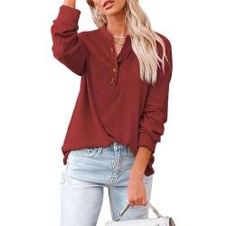 Jarseila Bluse Langarm Damen Hemden Langarmshirts Baumwolle Oberteile Einfarbig T-Shirt Basic Shirt Casual Tops Elegant Rot S von Jarseila