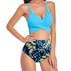 Jarseila Damen Bikini Set Sexy Zweiteiliger Badeanzug Bikini Oberteil Hohe Taille Bikinihose Elegant Push Up Bademode Tropischer-Blau XL von Jarseila