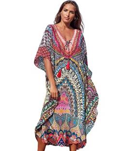 Jarseila Damen Boho Kaftan Strandkleid Maxi Langes Sarong Pareo Vertuschungen Blumenmuster Sommerkleid Strand Bikini Cover Up Beach Dresses #B-Exotisches Rosa von Jarseila